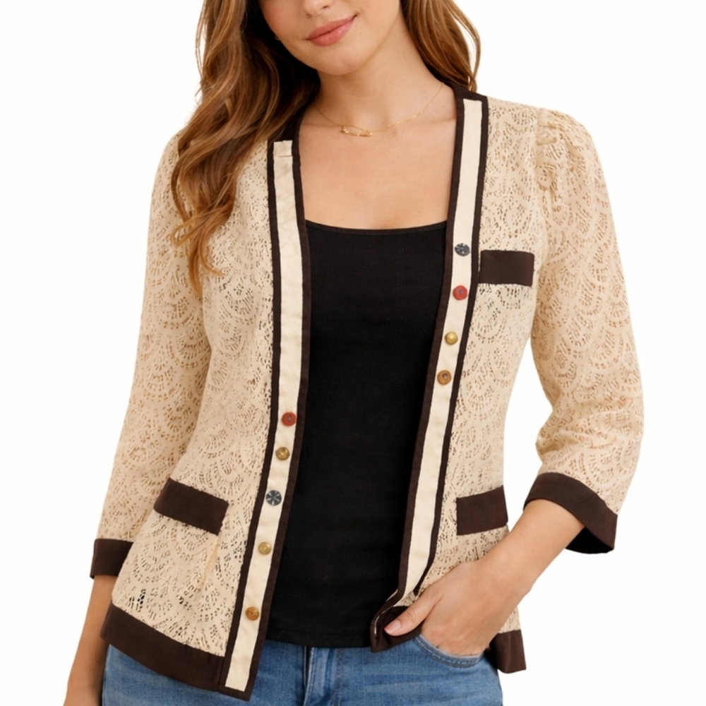Corey Lynn Calter tan Lace black trim Jacket Anthropologie Small cardigan